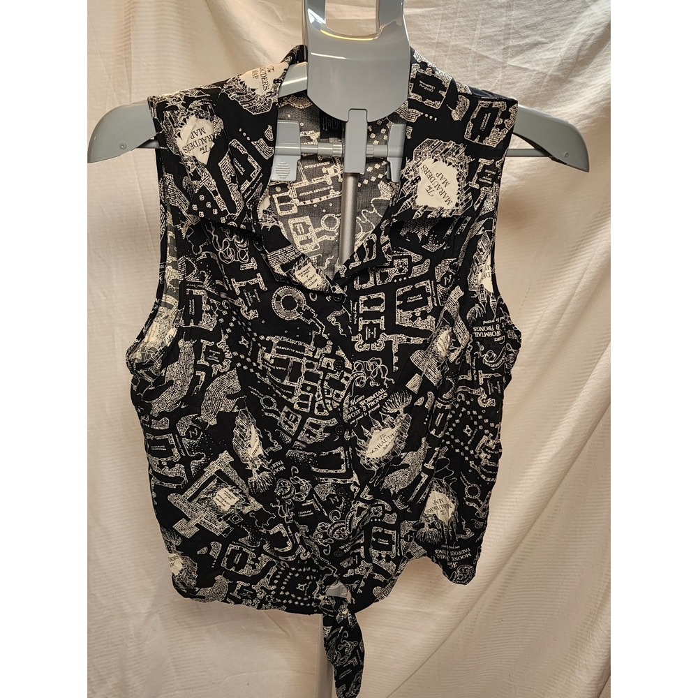 Harry Potter Marauder's Map Sleeveless Tie Front Button Up Crop Blouse Large